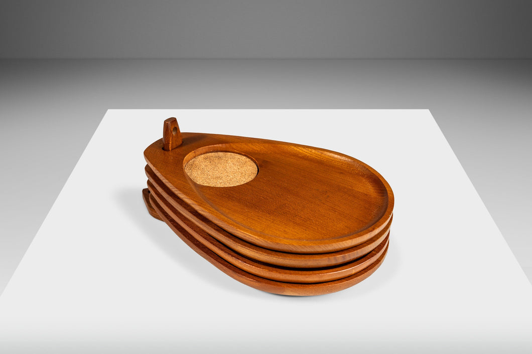 Set of Four (4) Mid-Century Modern Serving Trays w/ Wall Hanger in Solid Teak & Cork, Japan, c. 1970's-ABT Modern