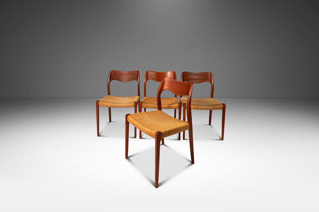 Set of Four ( 4 ) Møller Model #71 Dining Chairs in Teak & Paper Cord by Niels Møller for J.L. Møllers Møbelfabrik, Denmark, 1960's-ABT Modern