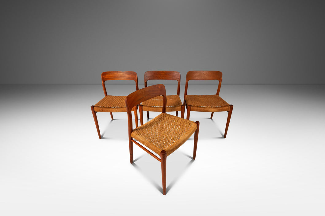 Set of Four ( 4 ) Original Møller Model #75 Dining Chairs in Teak & Paper Cord by Niels Møller for J.L. Møllers Møbelfabrik, Denmark, 1960s-ABT Modern