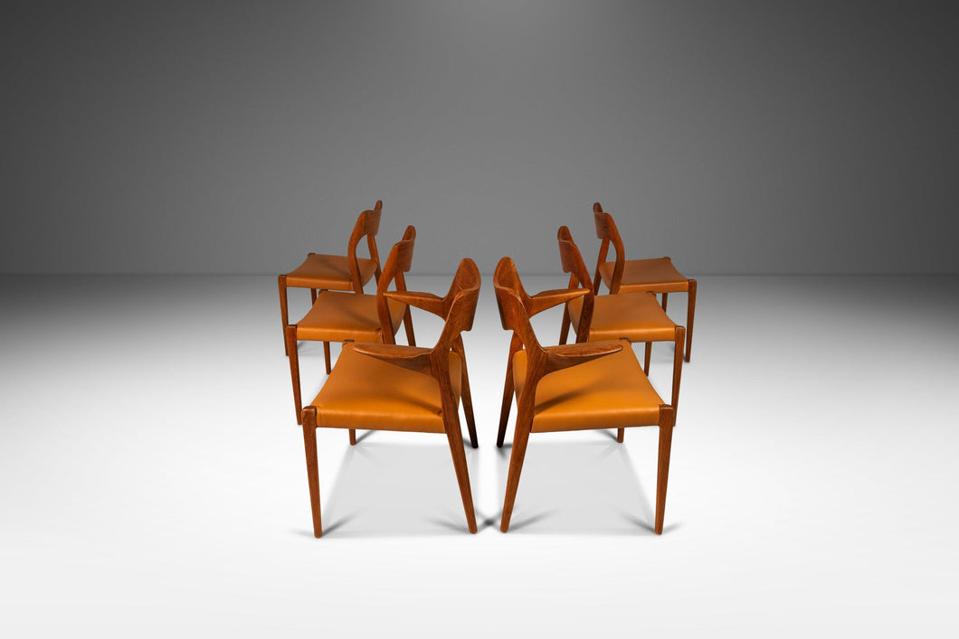 Set of Six (6) Bespoke Møller Model #71 Dining Chairs in Solid Teak & Leather by Niels Møller for J.L. Møllers Møbelfabrik, Denmark, 1960's-ABT Modern