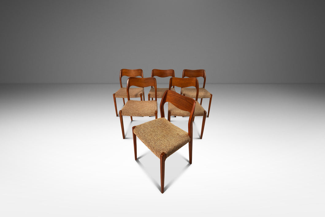 Set of Six (6) Møller Model #71 Dining Chairs in Solid Teak Original Fabric & by Niels Møller for J.L. Møllers Møbelfabrik, Denmark, 1960's-ABT Modern