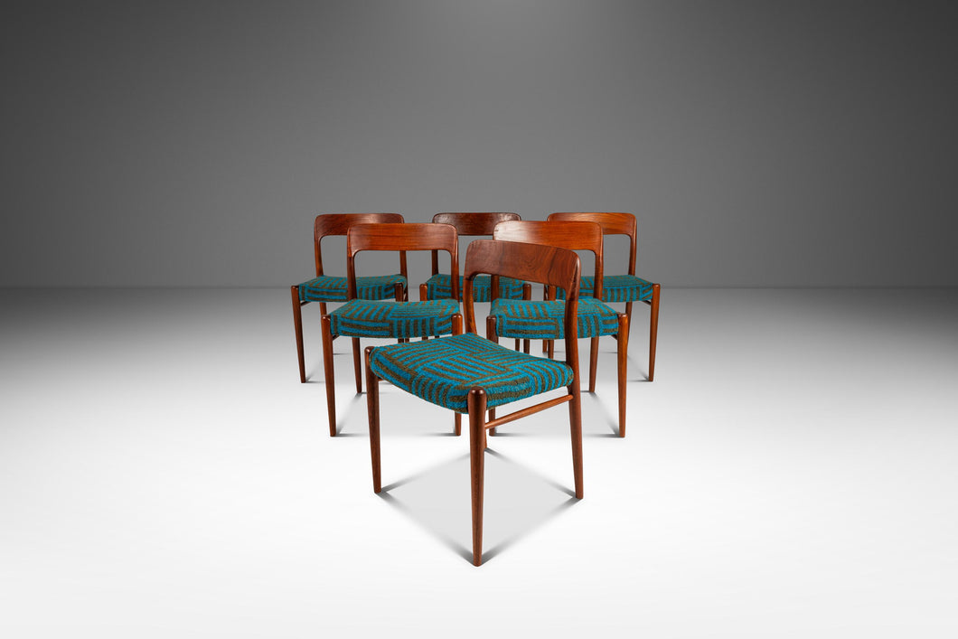 Set of Six (6) Moller Model 75 Dining Chairs by Niels Møller for J.L. Møllers in Pierre Frey Mombasa Turquoise Fabric , Denmark, 1960s-ABT Modern