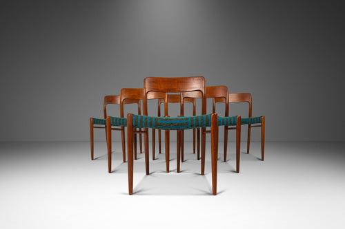 Set of Six (6) Moller Model #75 Dining Chairs in Teak & Geometric Mohair Fabric by Niels Møller for J.L. Møllers Møbelfabrik, Denmark, 1960s-ABT Modern