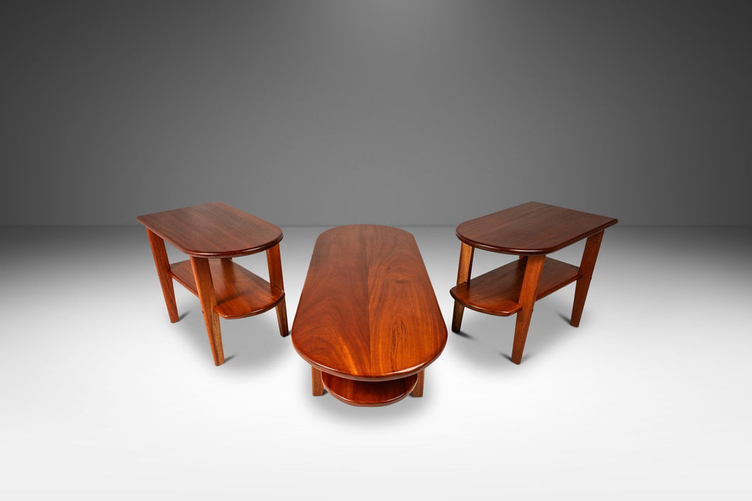 Set of Three (3) Art Deco Mid-Century Modern Coffee & End Table Set Custom-Made in Solid Mahogany, USA, c. 1940s-ABT Modern