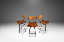 Load image into Gallery viewer, Set of Three ( 3 ) MCM Wrought Iron Bar Stools in Maple &amp; Raffia Rope for by Arthur Umanoff for Raymor, USA, c. 1960s-ABT Modern
