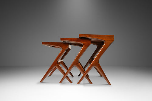 Set of Three (3) Mid-Century Italian Modern Nesting Tables in Solid Walnut In the Manner of Ico Parisi, Italy, c. 1960s-ABT Modern