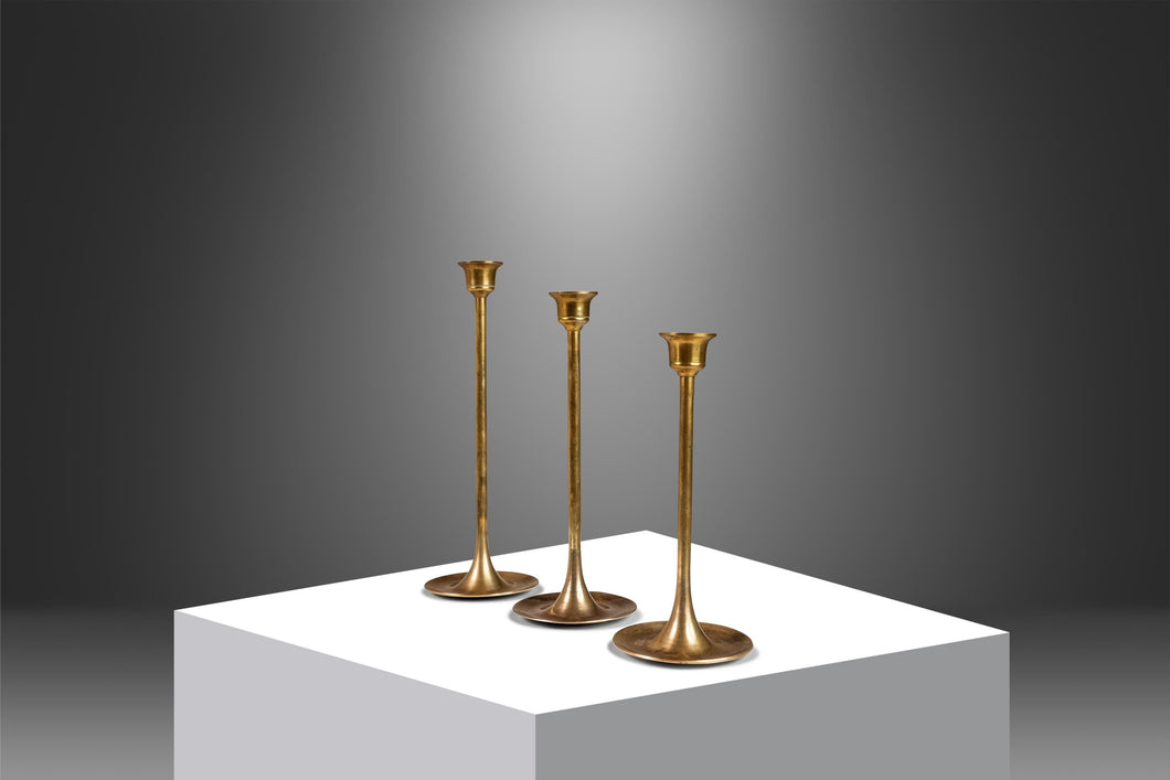 Set of Three ( 3 ) Mid-Century Modern Bauhaus Graduated Brass Tulip-Shaped Candlestick Holders, USA, c. 1960s-ABT Modern