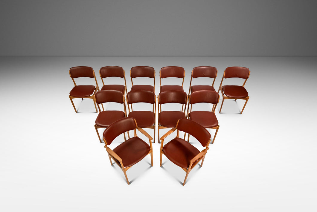 Set of Twelve (12) Model 49 Dining Chairs w/ Two Armchairs in Teak & New Leather by Erik Buch for O. D. Møbler, Denmark, c. 1960s-ABT Modern