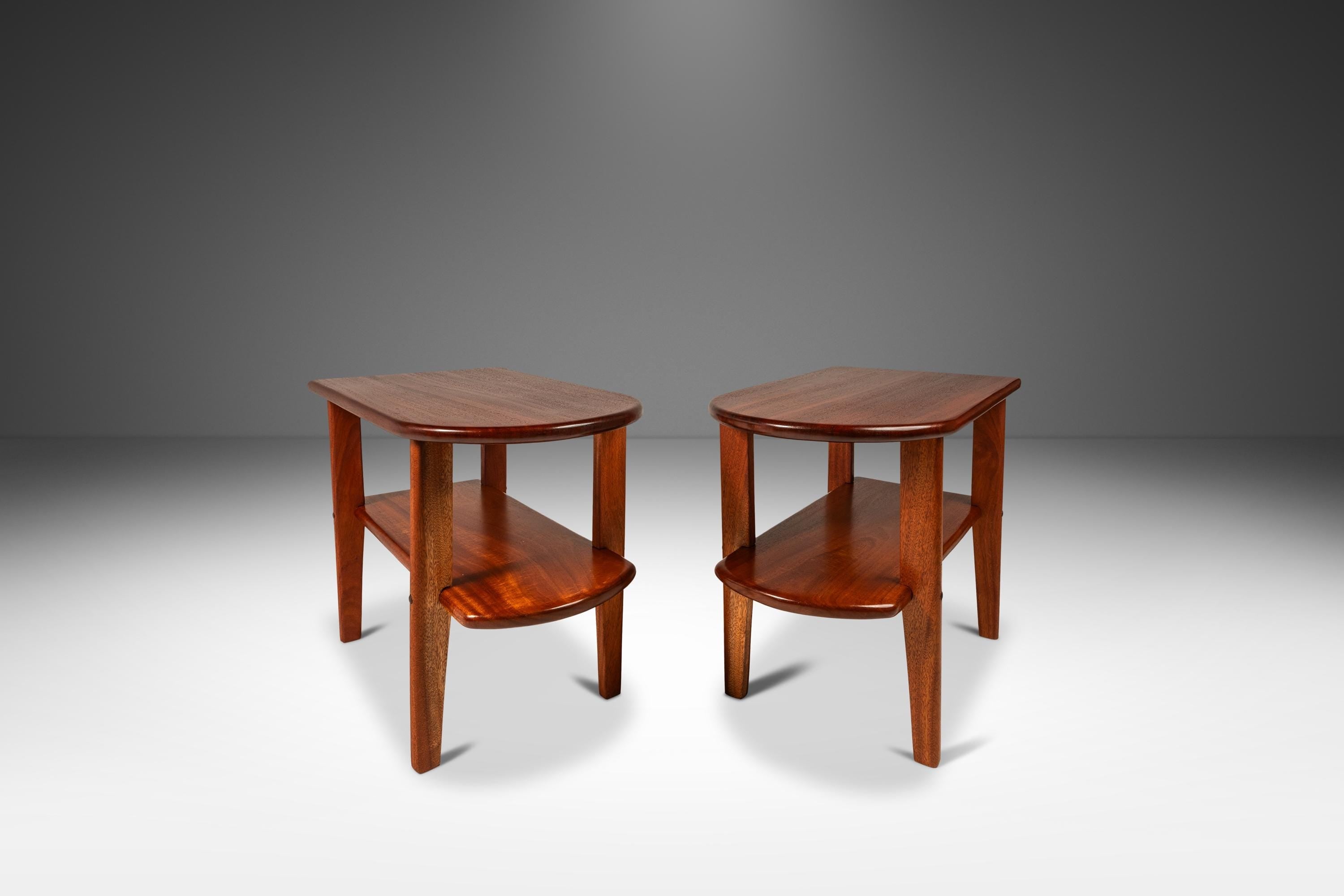 Set of Two 2 Art Deco Mid Century Modern Custom Made Occasional End Tables in Solid Mahogany USA c. 1940s