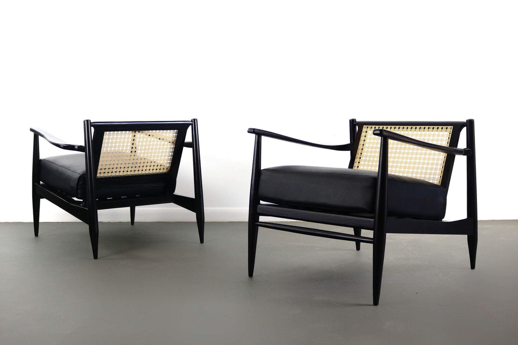 Set of Two ( 2 ) Cane Backed Mid Century Modern Lounge Chairs in Black-ABT Modern