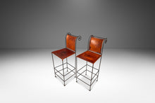 Load image into Gallery viewer, Set of Two (2) Counter Height Wrought Iron Spanish Hacienda Barstools with Hand-Worked Full Grain Leather, c. 1960s-ABT Modern
