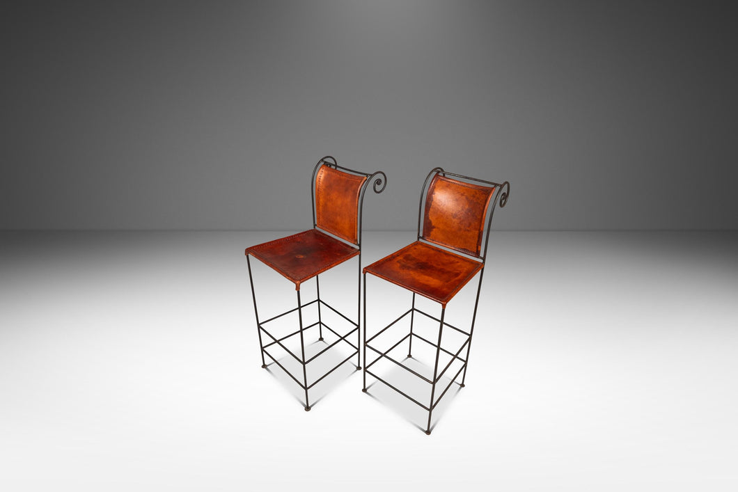 Set of Two (2) Counter Height Wrought Iron Spanish Hacienda Barstools with Hand-Worked Full Grain Leather, c. 1960s-ABT Modern