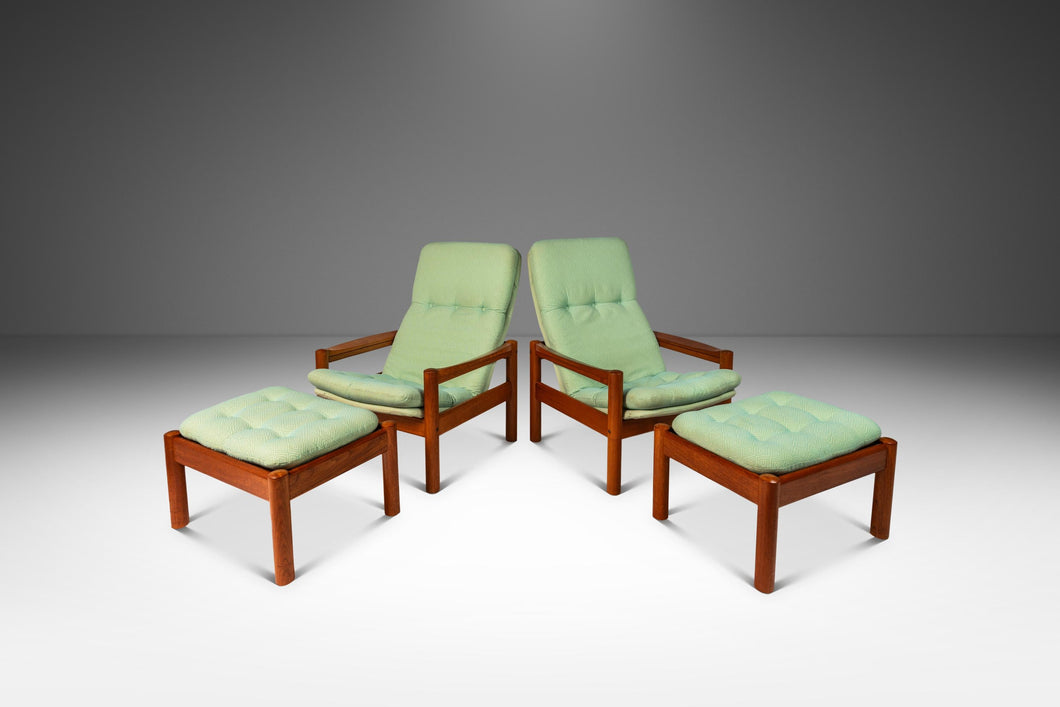 Set of Two ( 2 ) Danish Mid-Century Modern Lounge Chairs w/ Matching Ottomans in Solid Teak by Domino Møbler, Denmark, c. 1970's-ABT Modern