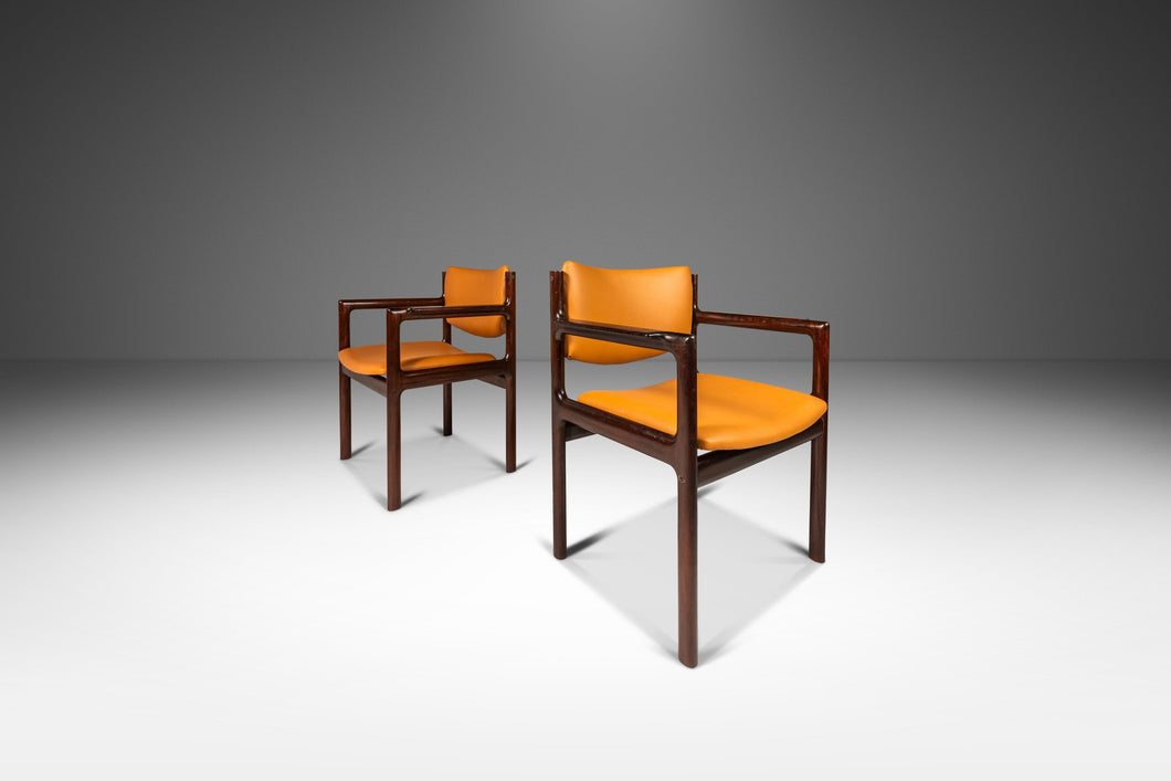 Set of Two ( 2 ) Danish Modern Arm Chairs in Solid Mahogany & Caramel Leather by Danish Overseas Imports, c. 1960's-ABT Modern