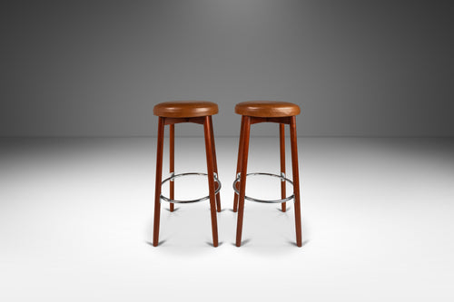 Set of Two (2) Danish Modern Barstools in Solid Teak & Leather by Hugo Frandsen for Spøttrup Mobler, Denmark, c. 1960's-ABT Modern
