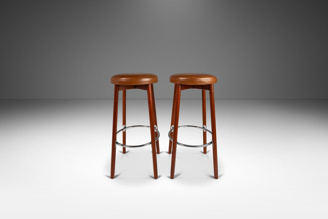 Set of Two (2) Danish Modern Barstools in Solid Teak & Leather by Hugo Frandsen for Spøttrup Mobler, Denmark, c. 1960's-ABT Modern