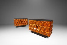 Load image into Gallery viewer, Set of Two (2) Futuristic Brutalist Italian Modern Sculptural Diamond Faced End Tables With Leather Tops, Italy, c. 1970s-ABT Modern
