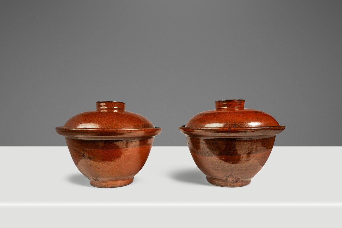 Set of Two (2) Mid-Century Japanese Modern Glazed Stoneware Rice Cooke