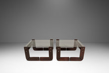 Load image into Gallery viewer, Set of Two (2) Mid-Century Modern Brutalist End Tables w/ Smoked Glass Tops in Jacaranda by Percival Lafer, Brazil, c. 1970s-ABT Modern
