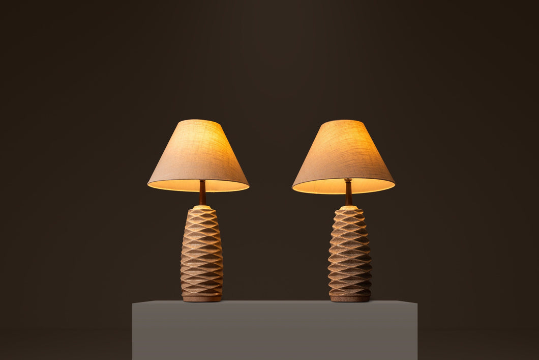 Set of Two (2) Mid-Century Modern Ceramic Table Lamps w/ Walnut Necks, USA, c. 1960's-ABT Modern