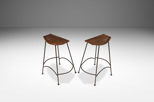 Set of Two (2) Mid-Century Modern Counter Height Wrought Iron Barstools in the Manner of Arthur Umanoff, USA, c. 1970's-ABT Modern