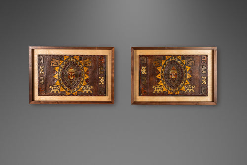 Set of Two (2) Mid-Century Modern Framed Embossed Leather Pre-Columbian Folk Art by Angel Pazmino, Ecuador, c. 1960's-ABT Modern