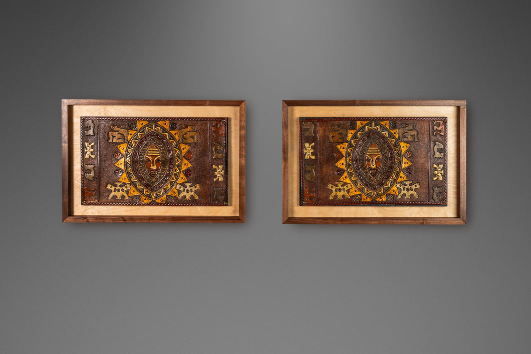 Set of Two (2) Mid-Century Modern Framed Embossed Leather Pre-Columbian Folk Art by Angel Pazmino, Ecuador, c. 1960's-ABT Modern