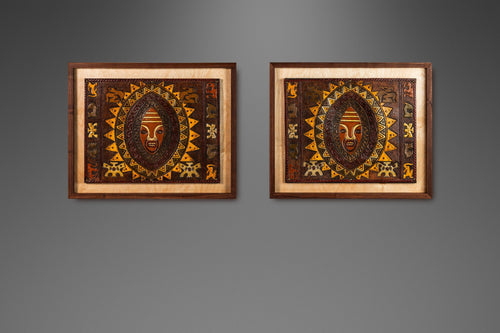 Set of Two (2) Mid Century Modern Framed Embossed Leather Pre-Columbian Folk Art by Angel Pazmino, Ecuador, c. 1960's-ABT Modern