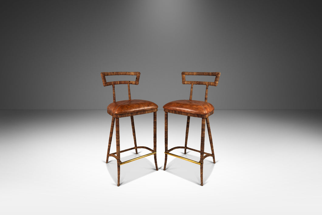 Set of Two (2) Mid Century Modern Substantial Campaign Bar Height Bar Stools by Maitland-Smith, c. 1980s-ABT Modern
