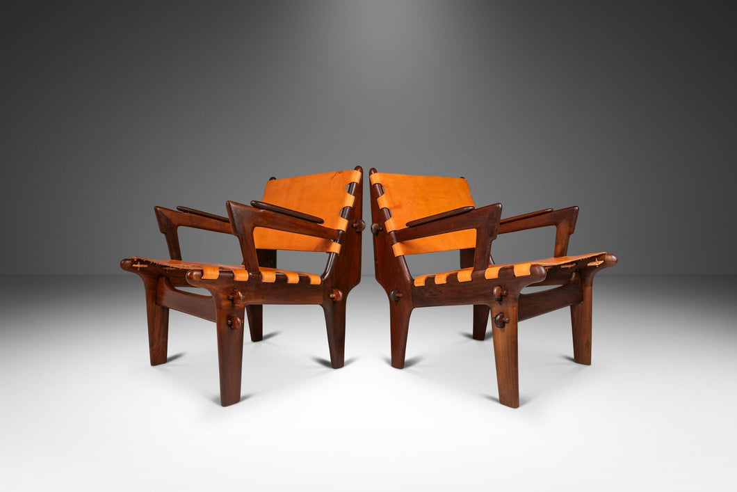 Set of Two (2) Mid-Century Modern Tooled Leather Sling / Safari Lounge Chairs by Angel Pazmino, Ecuador, c. 1960s-ABT Modern