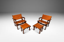 Load image into Gallery viewer, Set of Two ( 2 ) Mid-Century Modern Tooled Leather Sling / Safari Lounge Chairs w/ Ottomans by Angel Pazmino, Ecuador, c. 1960s-ABT Modern
