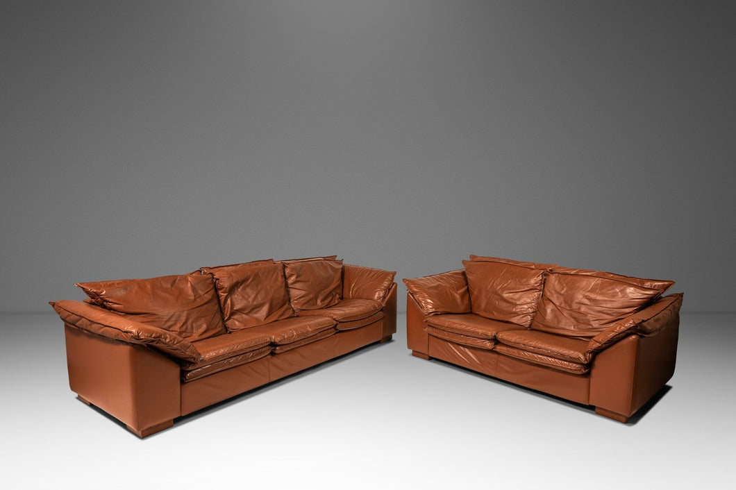 Set of Two (2) Modern Low Profile Sofas in Cognac Brown Leather in the Manner of Niels Eilersen, USA, c. 1990's-ABT Modern
