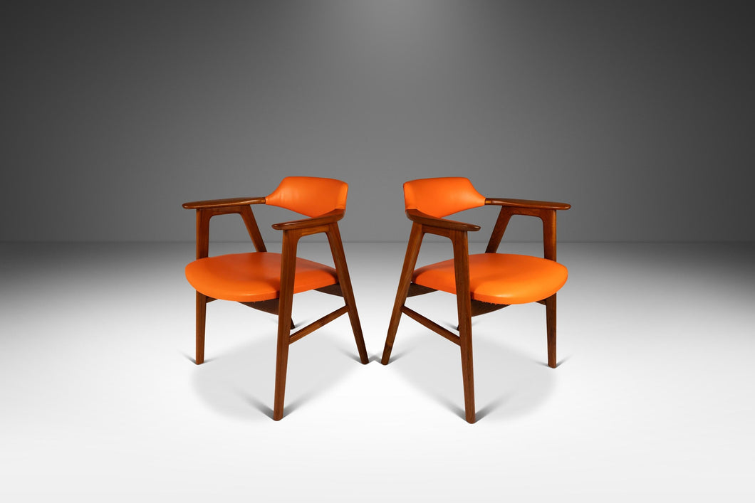 Set of Two (2) Rare Danish Modern Model 42 Arm Chairs in Teak and Vinyl by Erik Kirkegaard for Høng Stolefabrik, Denmark, c. 1950's-ABT Modern