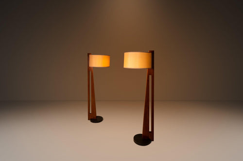 Set of Two (2) Scandinavian Modern Architectural Floor Lamps in Teak After Tord Bjorklund, c. 1990's-ABT Modern