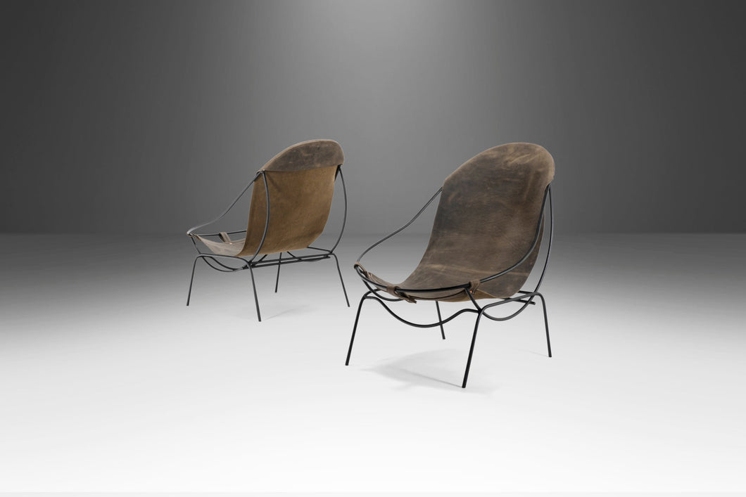 Set of Two (2) Sling Chairs in Wrought Iron & Leather Attributed to Tony Paul, USA, c. 1960's-ABT Modern