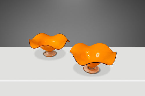 Set of Two (2) Teleflora Blown Art Glass Serving Bowls in Vibrant Orange & Clear Pedestal Bases, USA, c. 1970s-ABT Modern