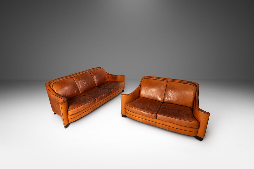 Set of Two Art Deco Mid-Century Modern Sofas with Sculptural Arms in Patinaed Leather, USA, c. 1970s-ABT Modern