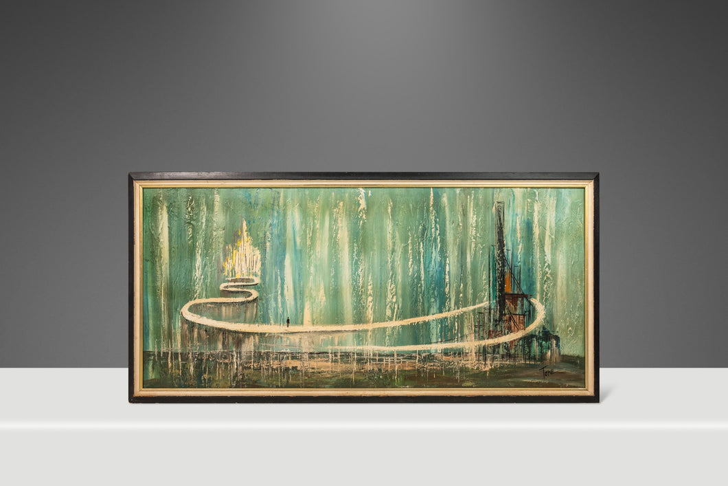 Signed Mid-Century Modern Abstract Surrealism Cityscape Oil on Canvas Painting (Framed), USA, c. 1950's-ABT Modern