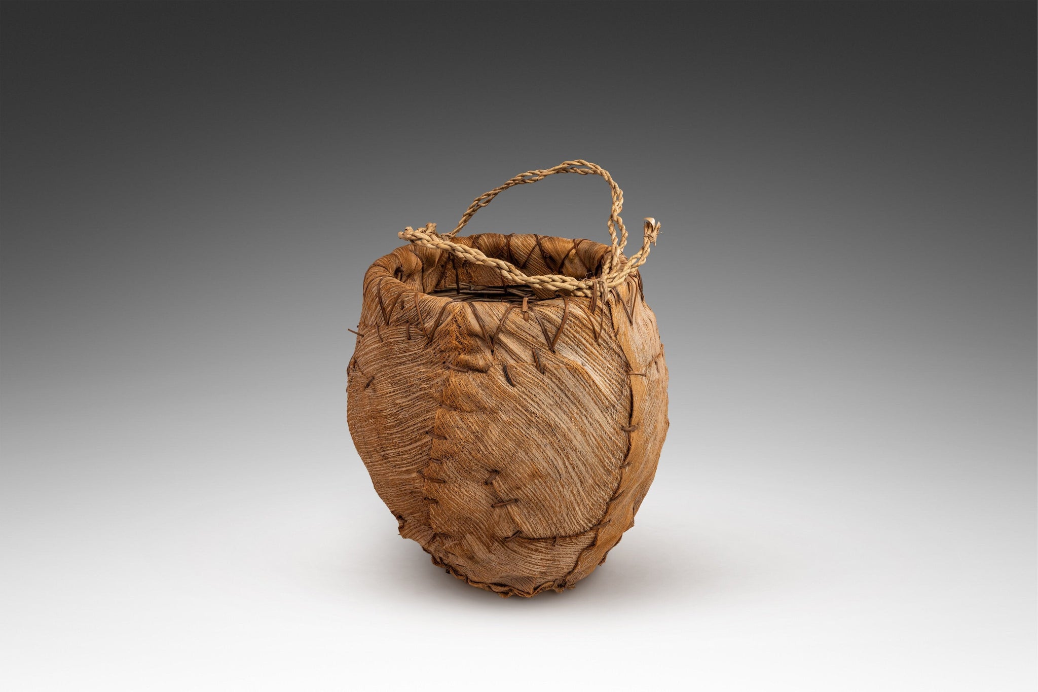 large woven basket planter Vintage Primitive Folk Art Large Hand-Woven Palm Bark Basket Planter,
