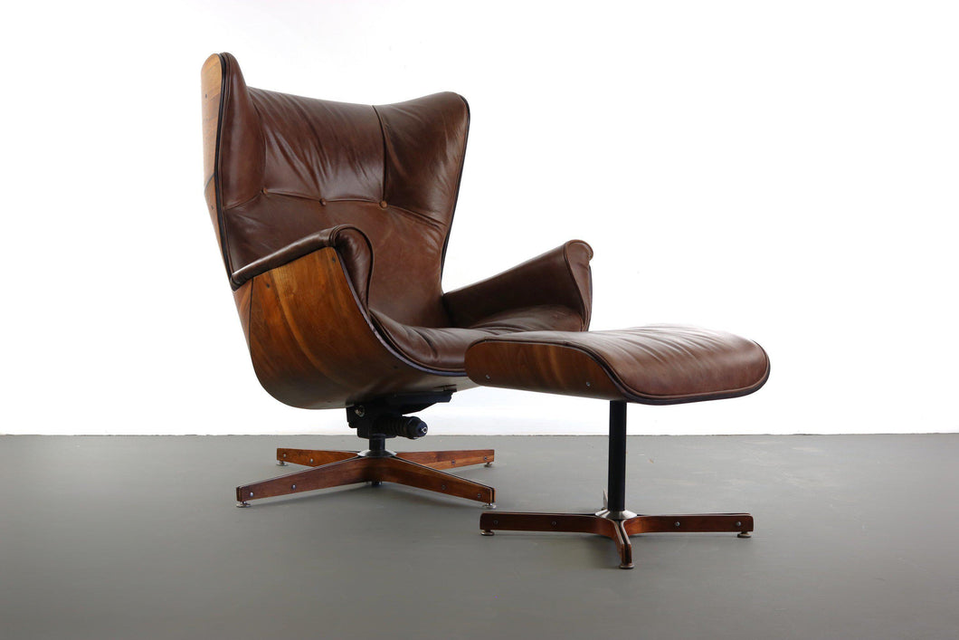 Wingback Mr. Chair by Mulhauser for Plycraft Lounge Chair and Ottoman in Brown Leather-ABT Modern