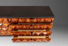 Load image into Gallery viewer, Rare Brutalist Space Age Sculptural Diamond Faced 8-Drawer Dresser / Sideboard w/ Leather Top, Italy, c. 1970s
