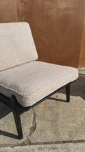 Load and play video in Gallery viewer, Set of Two (2) Danish Modern Ebonized Lounge Chairs in Bouclé Attributed to Ib Kofod Larsen for Selig, Denmark, c. 1950's
