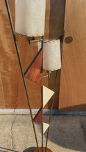 Load and play video in Gallery viewer, Mid-Century Modern Art Deco Atomic Era Custom-Made Floor Lamp w/ Geometric Shapes in Walnut &amp; Brass, USA, c. 1950s
