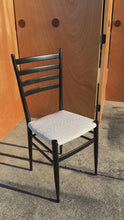 Load and play video in Gallery viewer, Set of Six (6) Mid-Century Italian Modern Bespoke Ebonized Dining Chairs in White Bouclé After Gio Ponti, Italy, c. 1960's
