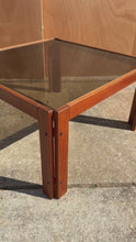 Load and play video in Gallery viewer, Mid-Century Danish Modern Coffee Table after Afra &amp; Tobia Scarpa for Cassina in Teak Wood w/ Smoked Glass, c. 1970s
