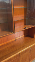 Load and play video in Gallery viewer, Mid-Century Danish Modern 2-Piece Cabinet / Sideboard / Credenza w/ Topper in Teak, Glass &amp; Brass by D-Scan, c. 1980's
