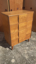 Load and play video in Gallery viewer, Mid-Century Modern Art Deco "Kohinoor" Four-Drawer Highboy Dresser Chest of Drawers in Birch by Heywood Wakefield, USA, c. 1950s
