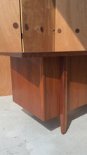 Load and play video in Gallery viewer, Mid-Century Modern V-Shaped Walnut Executive Desk w/ Black Leather Top After Harvey Probber, USA, c. 1960s
