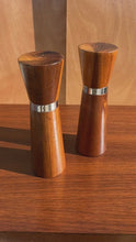 Load and play video in Gallery viewer, Mid-Century Modern Minimalist Wood-Turned Salt &amp; Pepper Shakers in Solid Black Walnut, USA, c. 1960s
