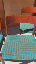 Load and play video in Gallery viewer, Set of Six (6) Moller Model 75 Dining Chairs by Niels Møller for J.L. Møllers in Pierre Frey Mombasa Turquoise Fabric , Denmark, 1960s
